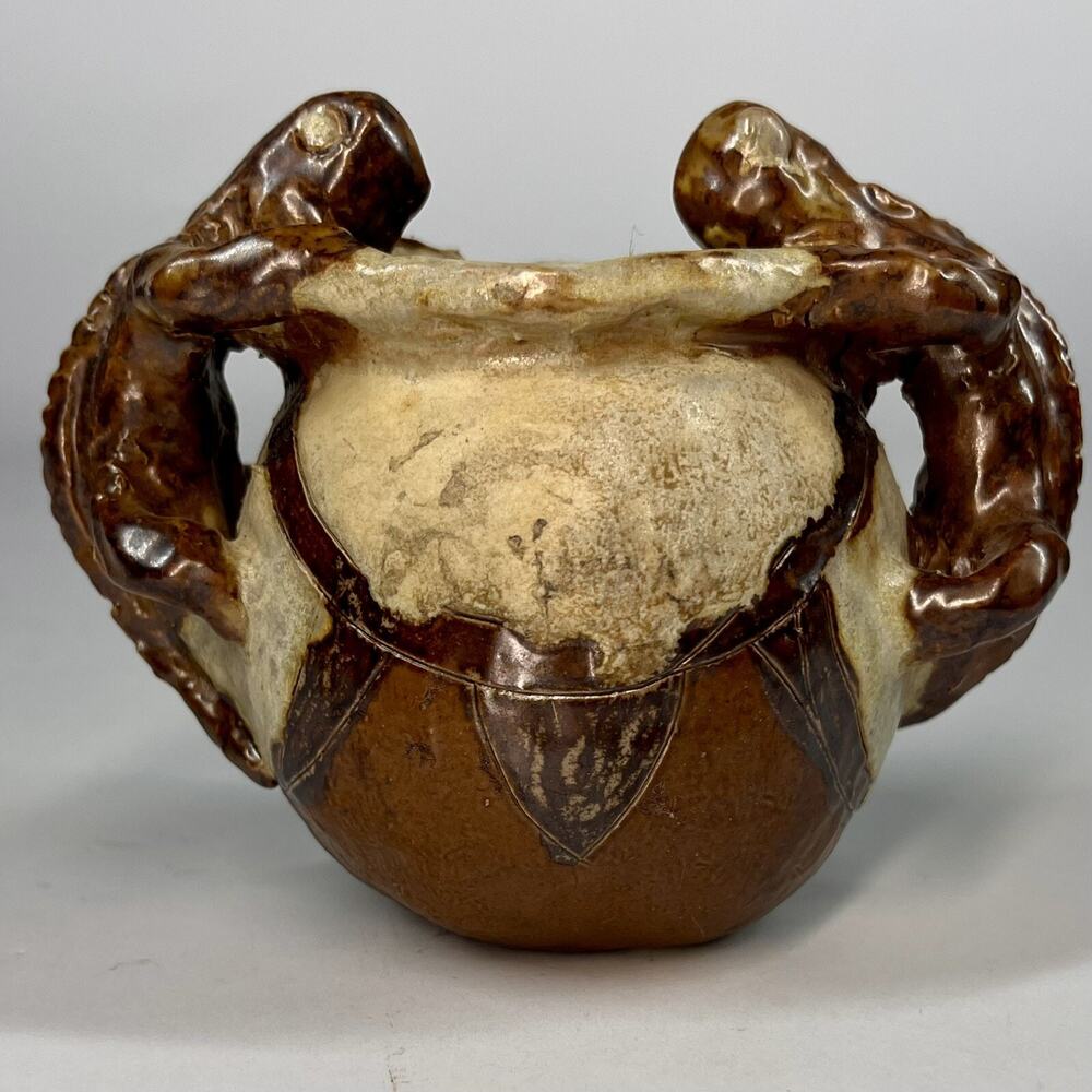Hand Crafted Vessel Bowl Chameleon Lizard Handles Glazed Art Pottery 5” T